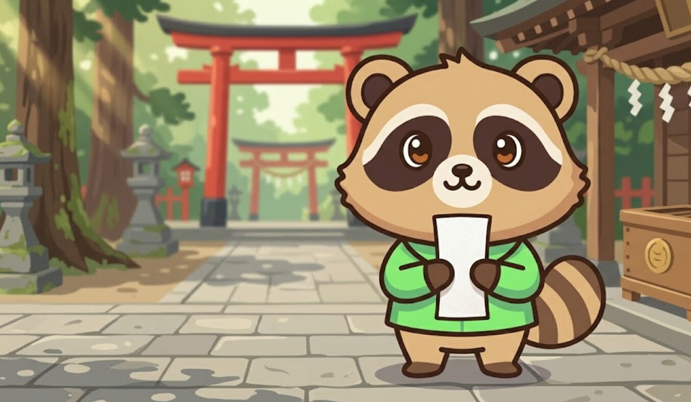 神社の境内で、緑のシャツを着たたぬきが御札を両手で大切に受け取っているイラスト
