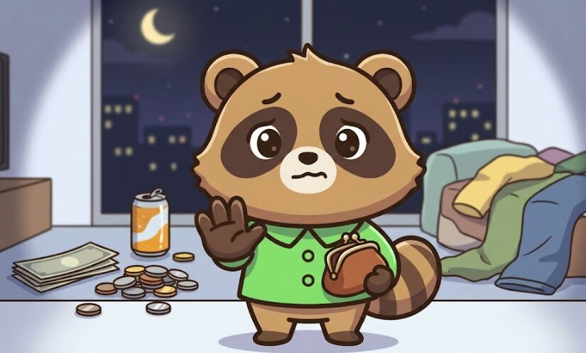 緑のシャツを着たたぬきが、財布を持ちながら困った表情で注意を促しているイラスト