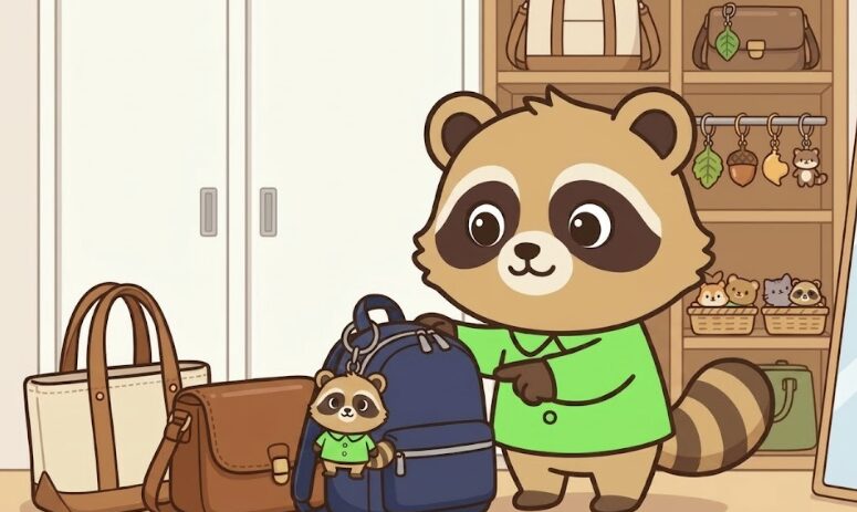 バッグのある部屋で、チャーム付き青リュックを指差す緑シャツのタヌキキャラクターのイラスト
