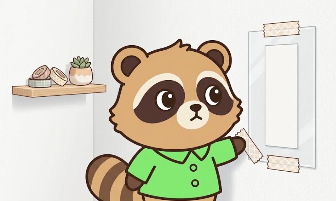 緑のシャツを着たたぬきが、御札を傷つけないよう保護ケースに入れて壁に固定しているイラスト