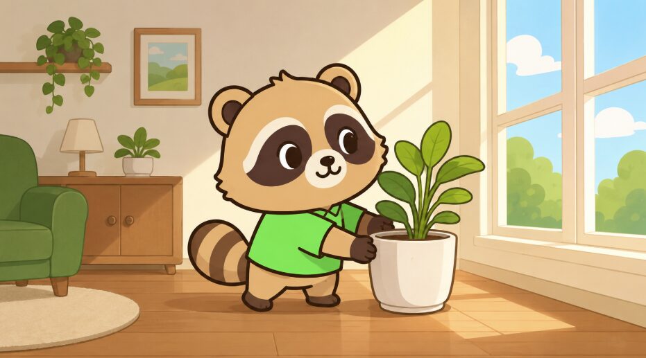 たぬきが日差しの入る窓辺を指差し、観葉植物を明るい場所へ移動しているイラスト