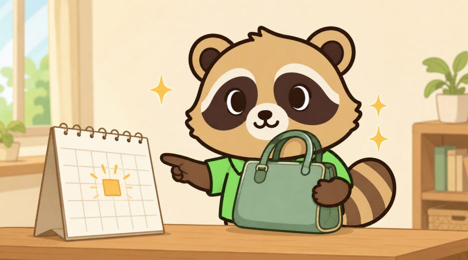 新しいバッグを抱えたたぬきが、卓上カレンダーを指差してバッグをおろす吉日を確認している