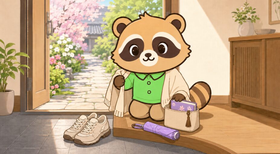 玄関先で緑のシャツのたぬきが羽織りものを肩にかけ、御朱印帳をバッグに入れて、靴や折りたたみ傘を確認しているイラスト