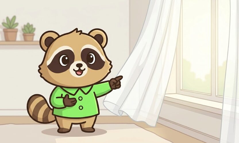 明るい部屋で、緑のシャツを着たかわいいたぬきが清潔なカーテンを指さして説明しているイラスト
