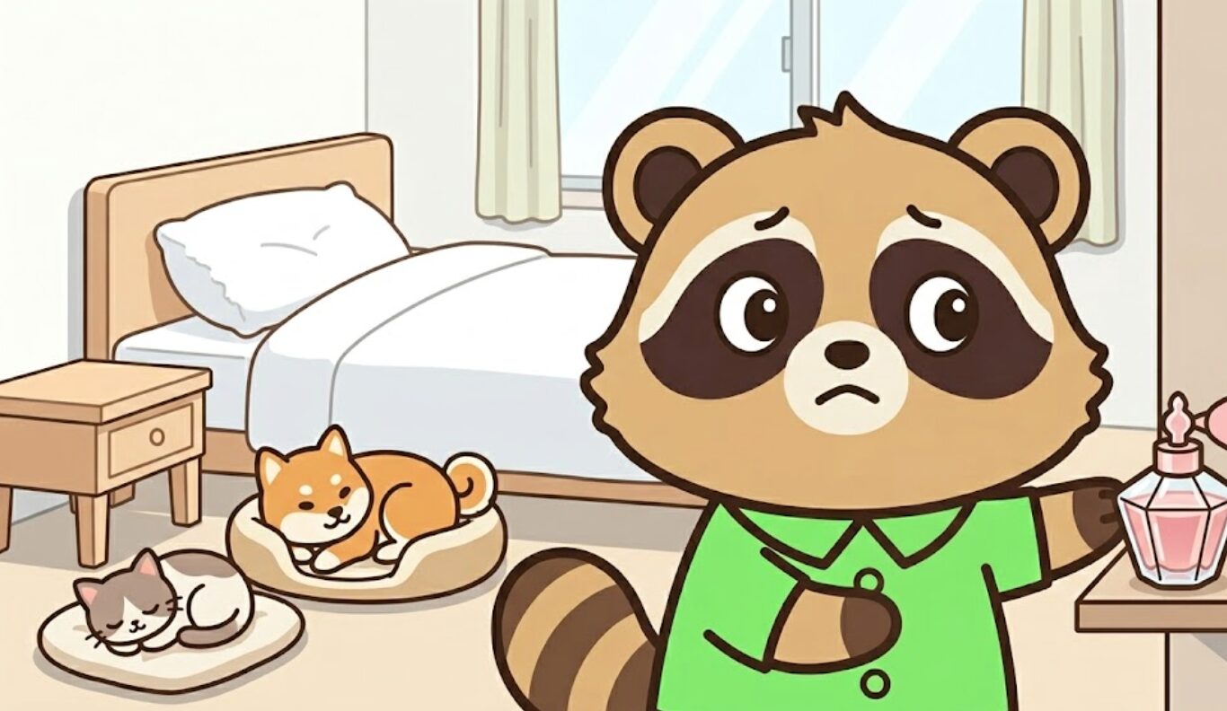 たぬきが犬と猫のいる寝室で香水の使い方に注意しているイラスト