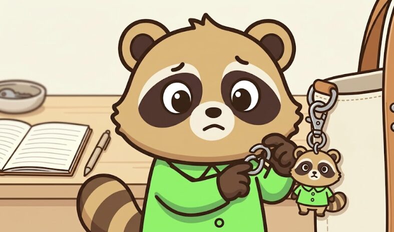 バッグチャームの金具を確認するたぬきのイラスト
