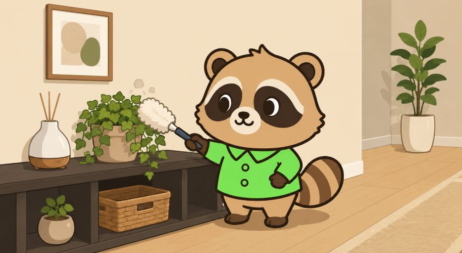 たぬきが暗めの廊下でフェイクグリーンを飾り、葉のほこりを掃除しているイラスト