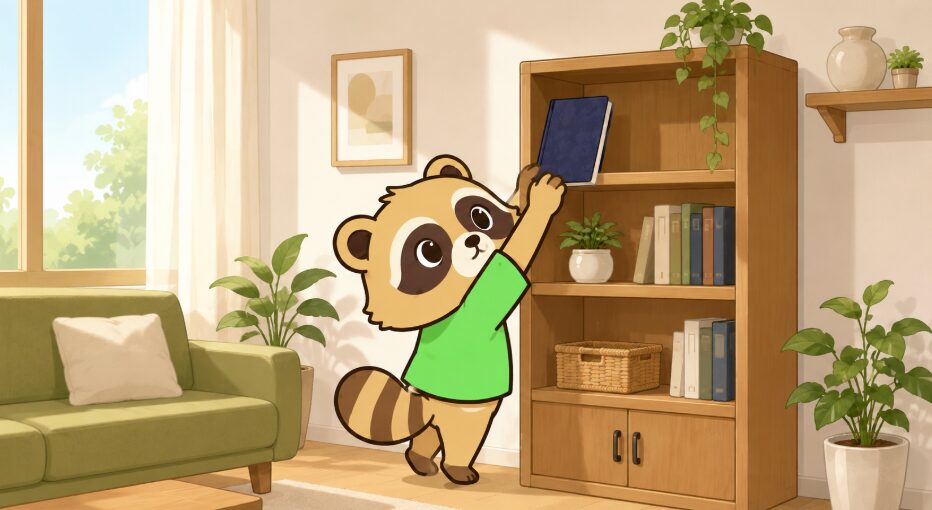 明るいリビングで、たぬきが本棚の上段に御朱印帳を丁寧に置いているイラスト