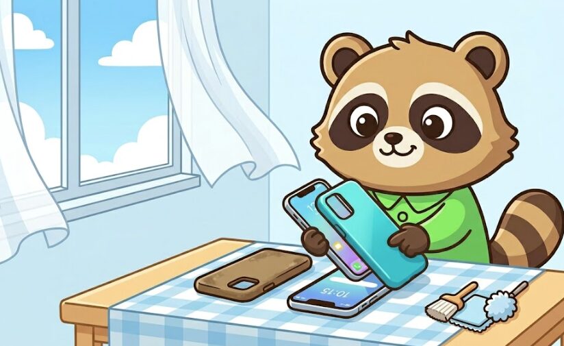 2026年半ばにスマホケースを買い替える場面で、緑のシャツを着たかわいいたぬきが新しいケースに付け替えているイラスト