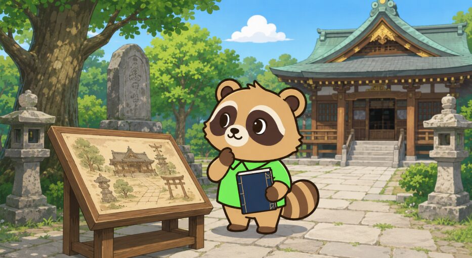 御朱印帳を持った緑のシャツのたぬきが、古い寺の境内で歴史案内の展示を興味深そうに眺めているイラスト