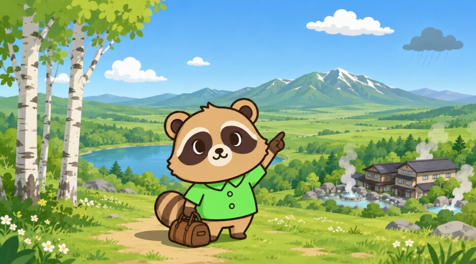 晴れた高原で、旅行バッグを持ったたぬきが青空と温泉宿を指差しているイラスト