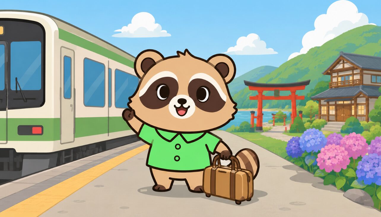 駅のホームで、旅行バッグを持ったたぬきが列車の前で一人旅に出発するイラスト