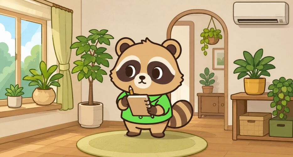 たぬきが室内でノートを見ながら、観葉植物の置き場所や環境を確認しているイラスト