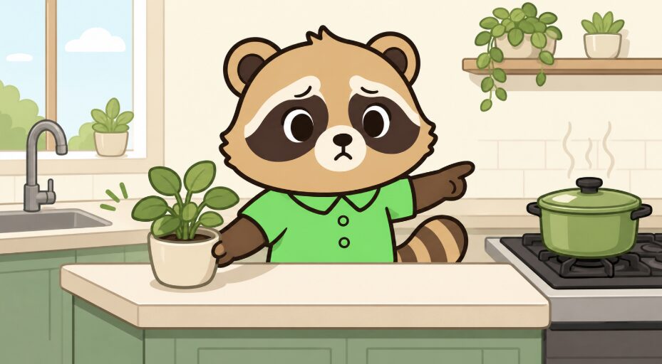 たぬきがキッチンでコンロやシンクから離して観葉植物を置いているイラスト