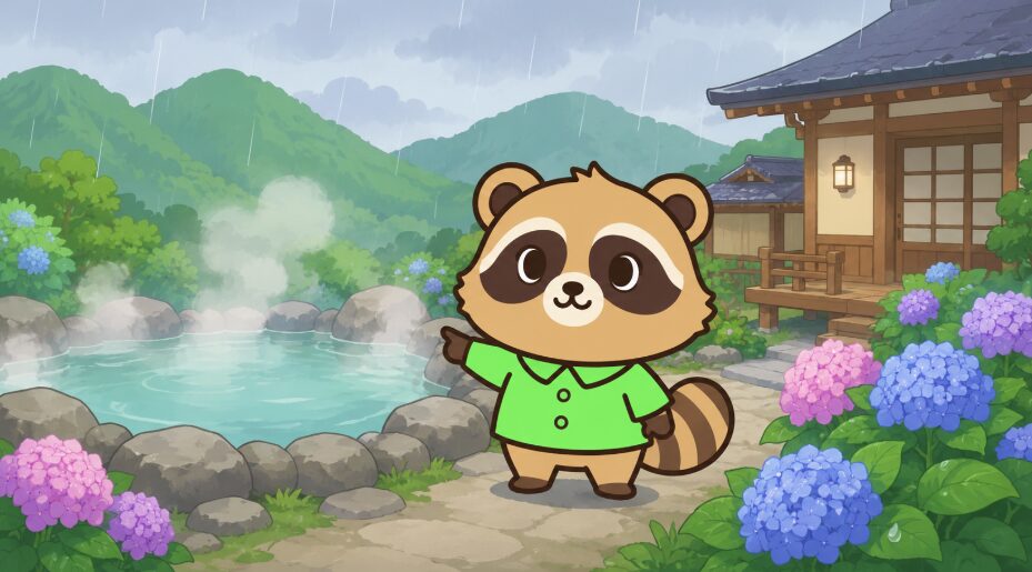 雨の中、緑のシャツを着たたぬきが紫陽花と湯けむりのある露天風呂を指差しているイラスト