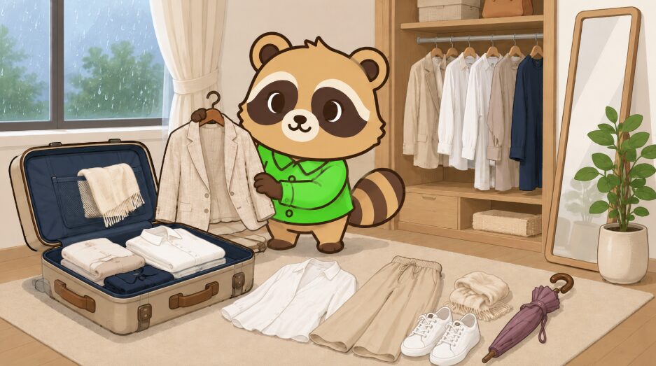 雨の日の室内で、たぬきキャラクターが6月旅行向けの上品な服装を旅行バッグの横で選んでいるイラスト