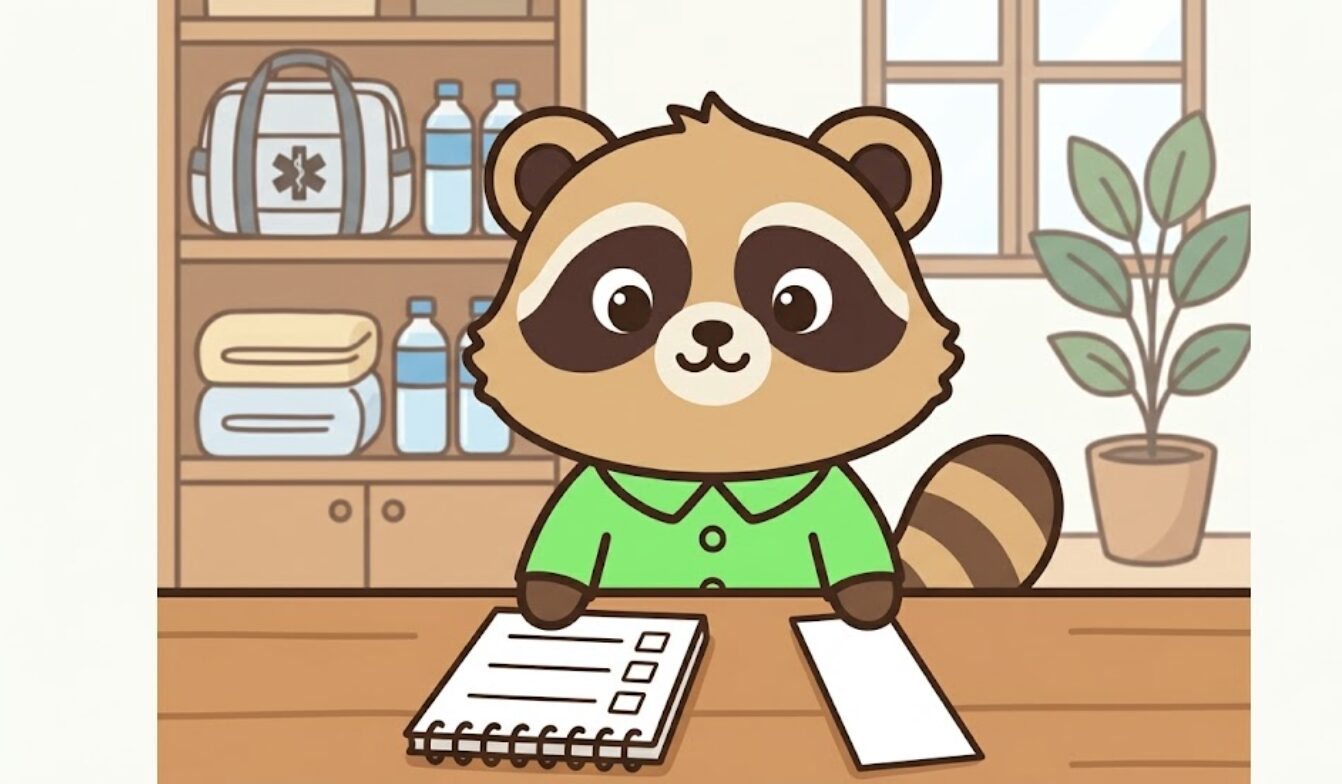 緑のシャツを着たたぬきが、リビングの机で御札の置き場所と暮らしの備えを確認しているイラスト