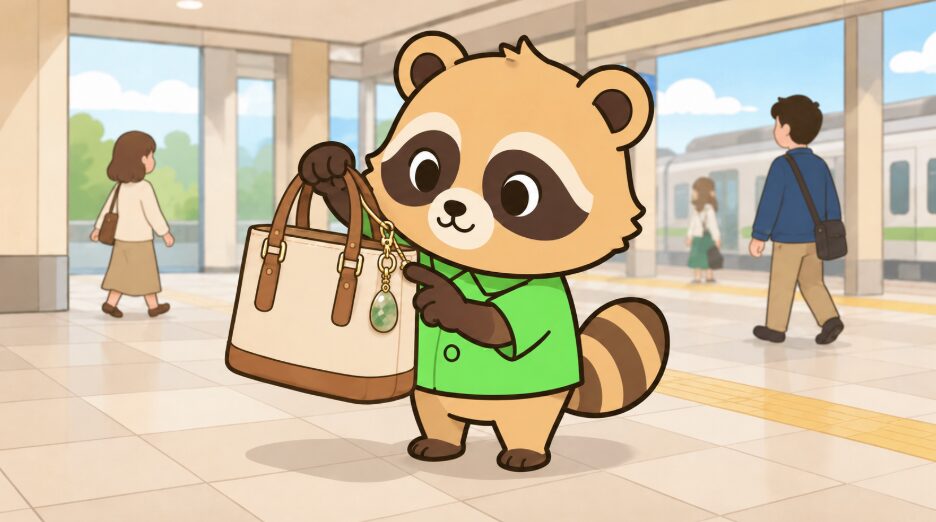 緑のシャツを着たかわいいたぬきが、バッグの金具に天然石チャームをしっかり取り付けて確認しているイラスト