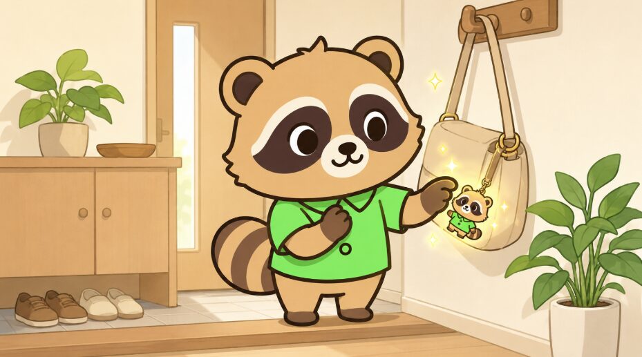 玄関で、たぬきがバッグチャームを大切そうに見つめているイラスト。
