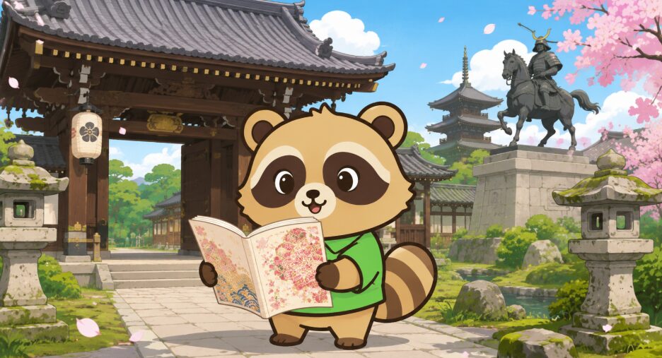 京都の古い寺の境内で、緑のシャツのたぬきが華やかな切り絵風の御朱印帳を感動した表情で見ているイラスト