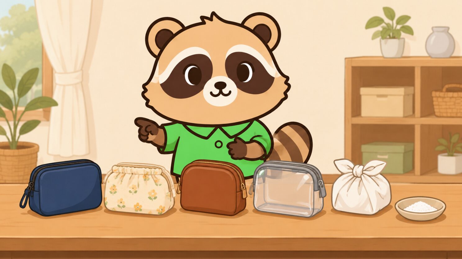 かわいいデフォルメたぬきのキャラクターが、清潔感のある部屋でテーブルに並べたナイロン、布、合皮、透明ビニール風の化粧ポーチを指差しながら見比べている。横には白い布に包まれた古いポーチと小さな塩皿が置かれ、淡い光と整った棚がやさしい雰囲気を演出している。