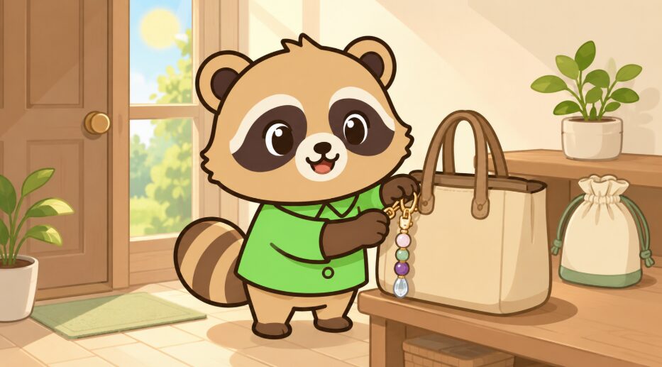緑のシャツを着たかわいいたぬきが、明るい玄関で天然石バッグチャームをバッグに取り付けて喜んでいるイラスト