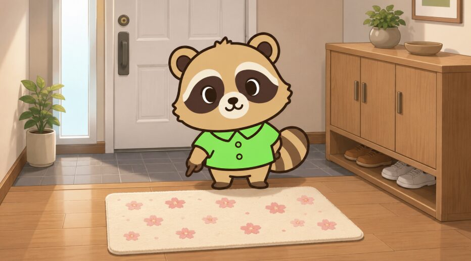 少し暗くひんやりした玄関で、緑のシャツを着たかわいいデフォルメたぬきが、木目の床に敷かれたアイボリーの玄関マットを指差している。マットには淡いピンクの小花柄が散りばめられ、背景には白い玄関ドア、暖色の照明、すっきりした木製の靴箱が描かれている。