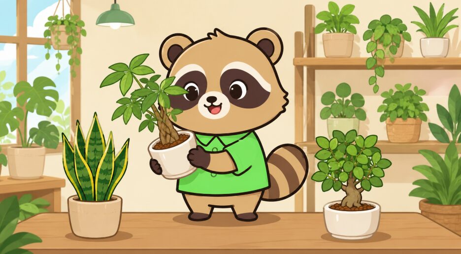たぬきが園芸店でパキラやサンスベリアなどの観葉植物を見比べているイラスト