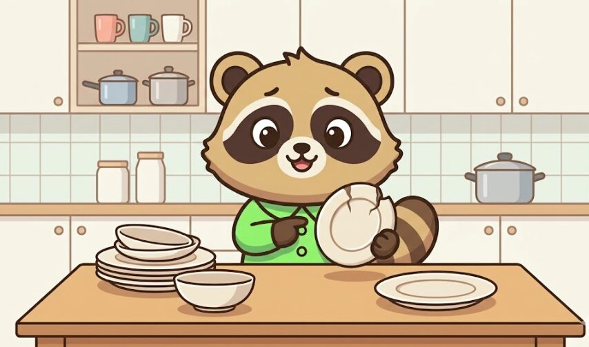 欠けた食器を手に持ったたぬきが、キッチンで縁起が気になる理由を説明しているイラスト