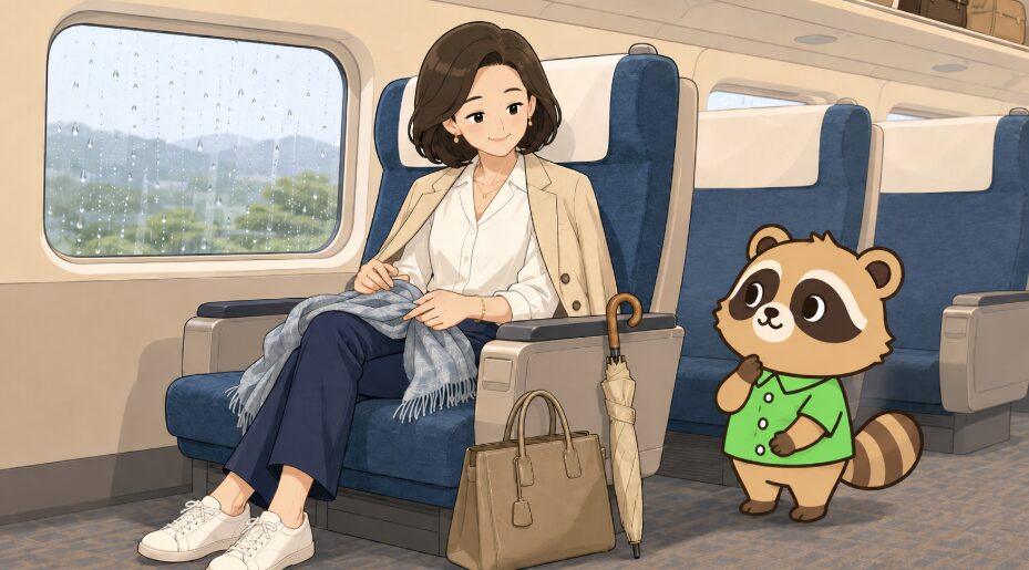 6月旅行の新幹線移動で、冷房や梅雨に備えた女性向けの羽織りものコーデをたぬきキャラクターが参考にしているイラスト