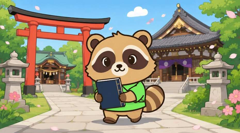 御朱印帳を持った緑のシャツのたぬきが、鳥居と寺の本堂が見える参道を楽しそうに歩いているイラスト