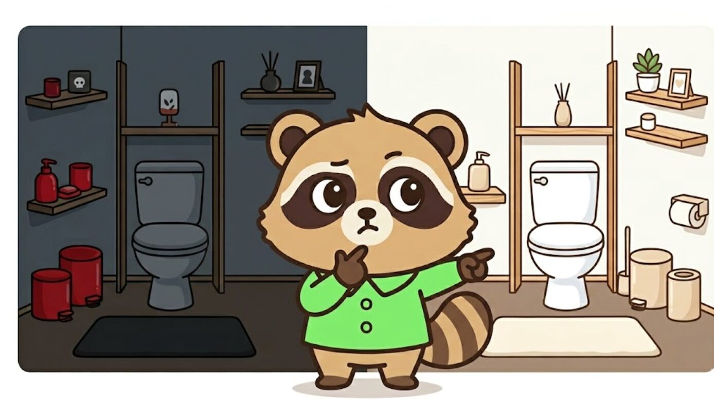風水で避けたい黒や赤の小物が多いトイレと、淡い色で整えた明るいトイレを、かわいいたぬきが見比べているイラスト