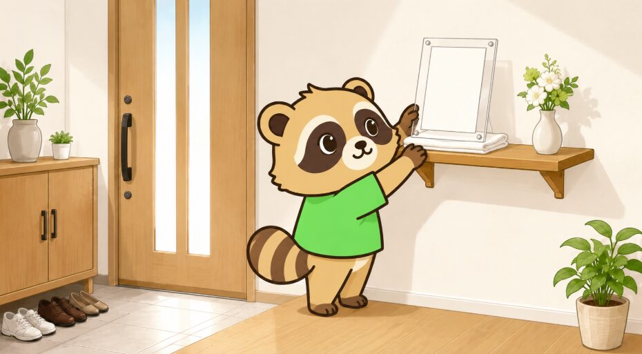 清潔な玄関で、たぬきが白い布を敷いた壁棚に透明フレームを飾っているイラスト