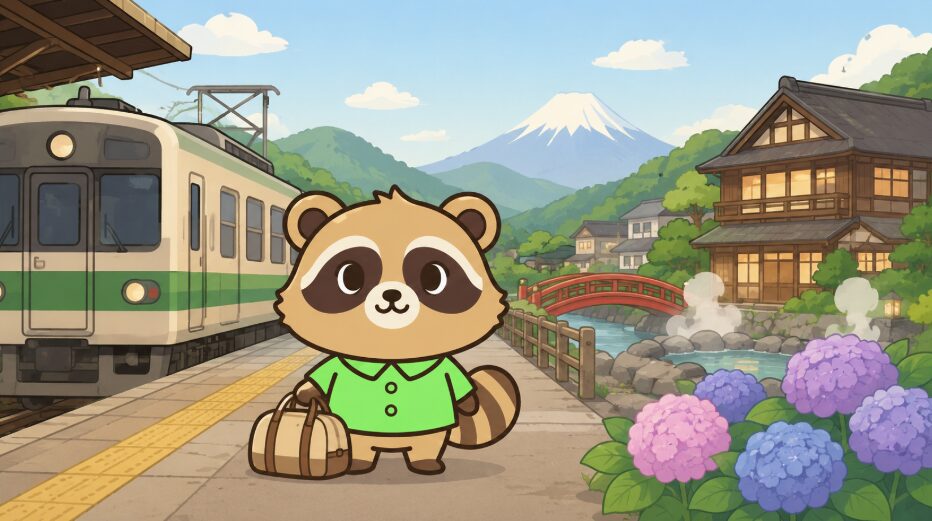 旅行バッグを持ったたぬきが、電車のある駅前で紫陽花と湯けむりの温泉街を眺めているイラスト