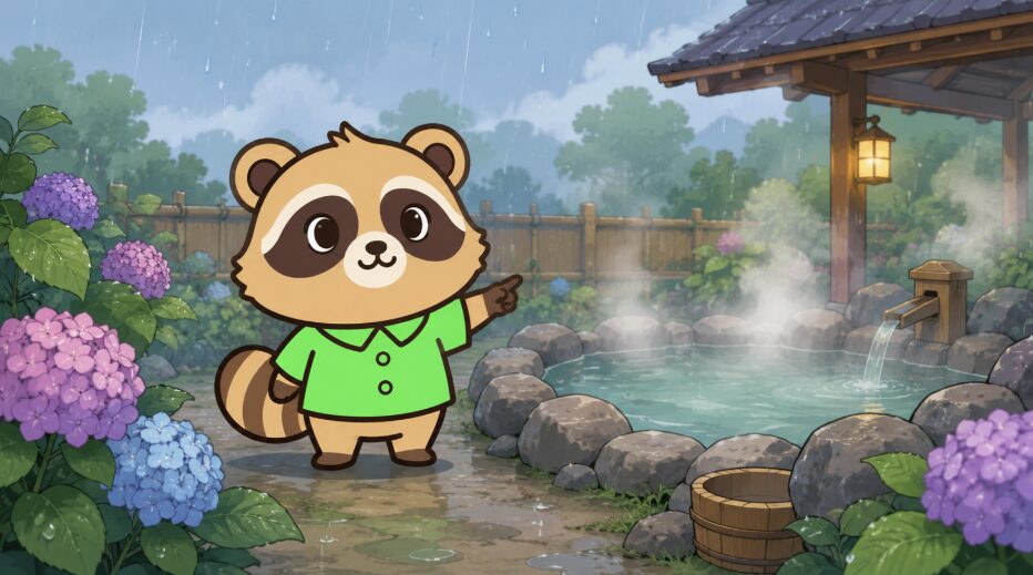 雨の日の露天風呂のそばで、緑のシャツを着たたぬきが湯けむりの立つ温泉を指差しているイラスト