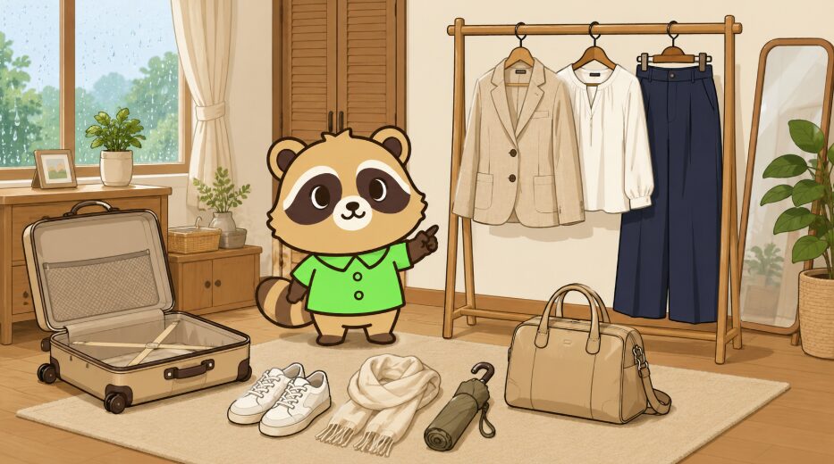 6月旅行に合う50代女性向けの服装、靴、羽織りもの、小物をたぬきキャラクターが室内で紹介しているイラスト
