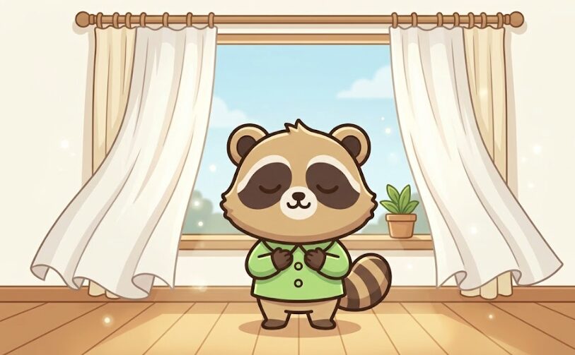 洗いたてのカーテンの前で、緑のシャツを着たたぬきが胸に手を当てて深呼吸しているイラスト