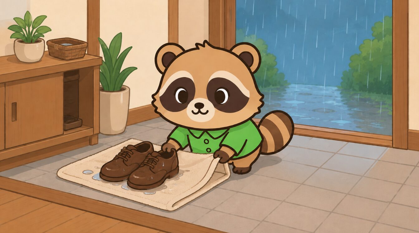 玄関マットの代わりに古タオルや屋外マットを使い、たぬきが雨の日の玄関を整えているイラスト