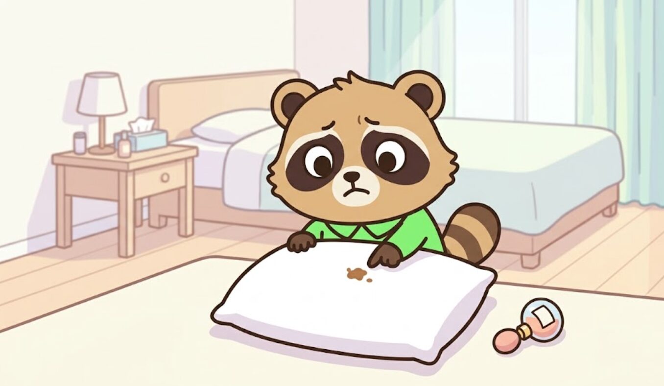 たぬきが香水をつけた枕のシミに困っているイラスト
