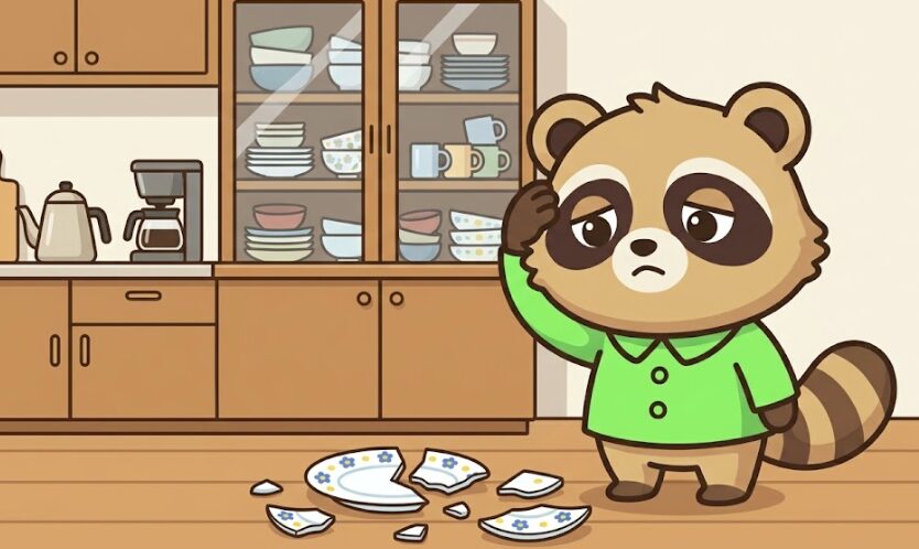 たぬきが床に落ちて割れた食器を見つめ、暮らしを見直すきっかけに気づいているイラスト