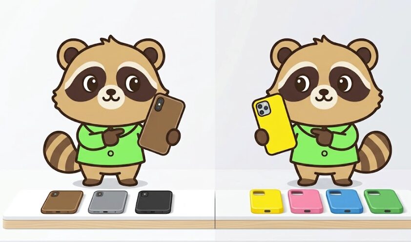 スマホ本体の色とケースの色の優先度を、緑のシャツを着たかわいいたぬきが左右対比で説明しているイラスト