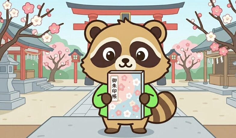 たぬきが神社の境内で淡いピンクと水色の梅柄の御朱印帳を大切そうに眺めているイラスト