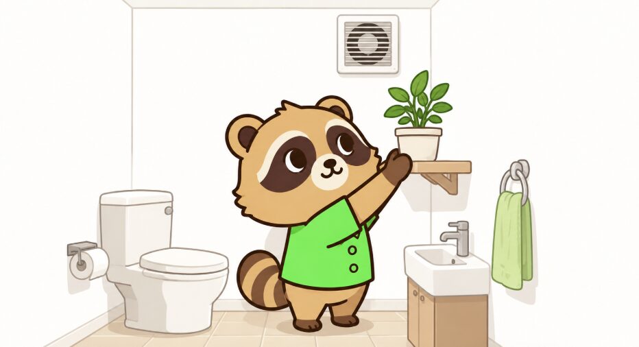 たぬきが清潔なトイレの小棚に小さな観葉植物を飾り、換気を確認しているイラスト
