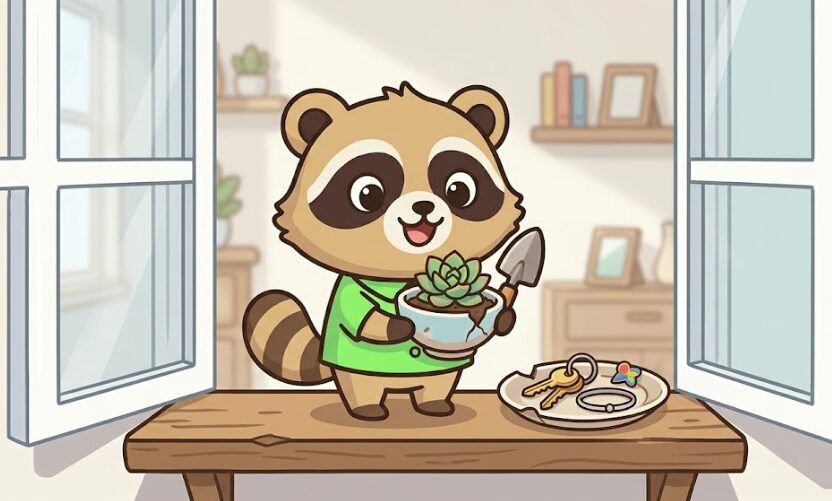 たぬきが欠けた器を植木鉢や小物入れとして再利用しているイラスト