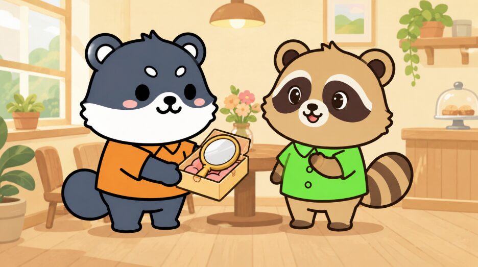 オレンジのシャツを着た動物キャラクターが、明るいカフェ風の室内で、緑のシャツを着たたぬきに手鏡入りのギフトボックスを差し出している。たぬきは胸に手を当て、嬉しそうな表情で受け取っている。