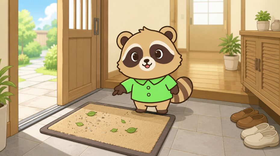 玄関のたたきに敷かれたマットを、緑のシャツを着たかわいいたぬきキャラクターが指差している。マットの上には外から入った砂ぼこりや葉っぱがとどまり、背景には玄関ドア、廊下、靴箱、明るい照明のある清潔な玄関が描かれている。