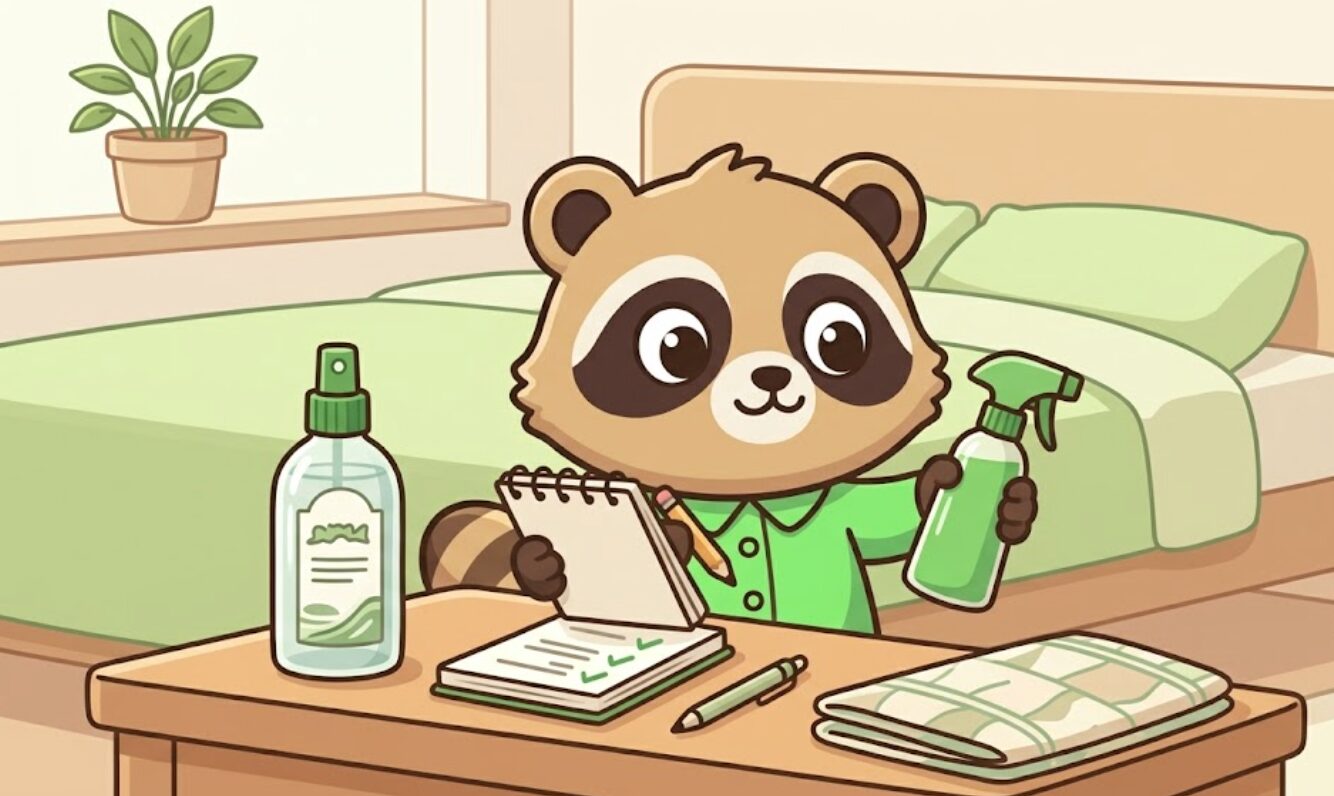 たぬきがファブリックスプレーの表示を確認しているイラスト