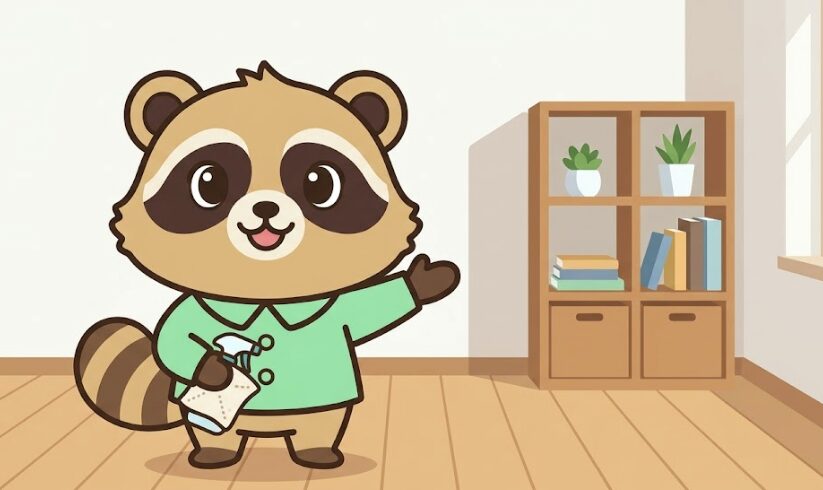 一粒万倍日の掃除について、緑のシャツを着たたぬきが明るいリビングでやさしく説明しているイラスト