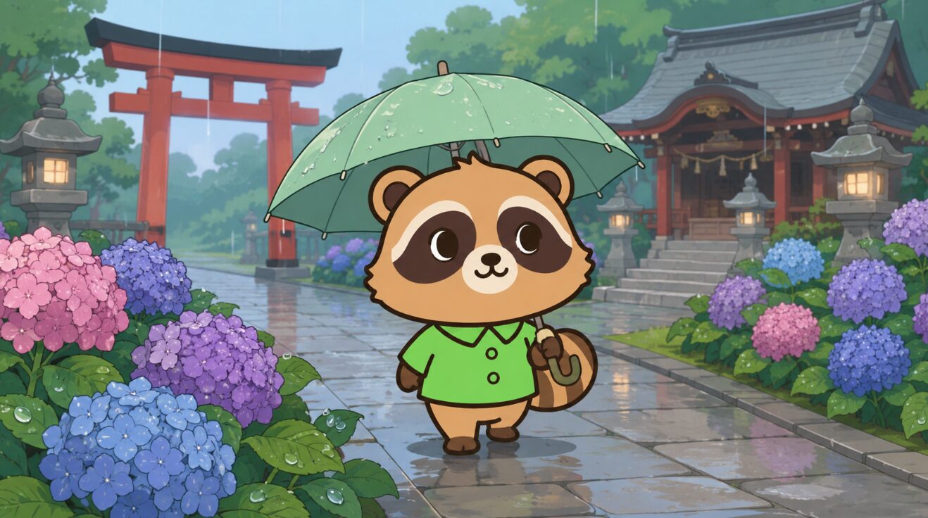 雨の神社参道で、傘をさしたたぬきが紫陽花に囲まれながら歩くイラスト