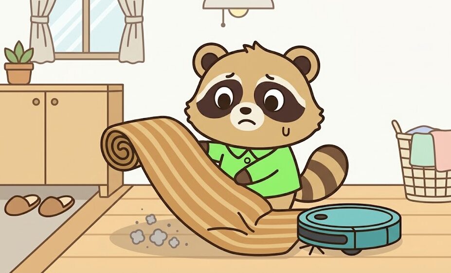玄関マットをやめた理由として、たぬきが掃除や洗濯の手間に困っているイラスト